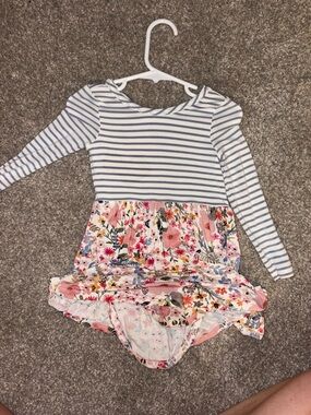 Little Sleepies grey & White Striped Top with Pink Floral bodysuit dress